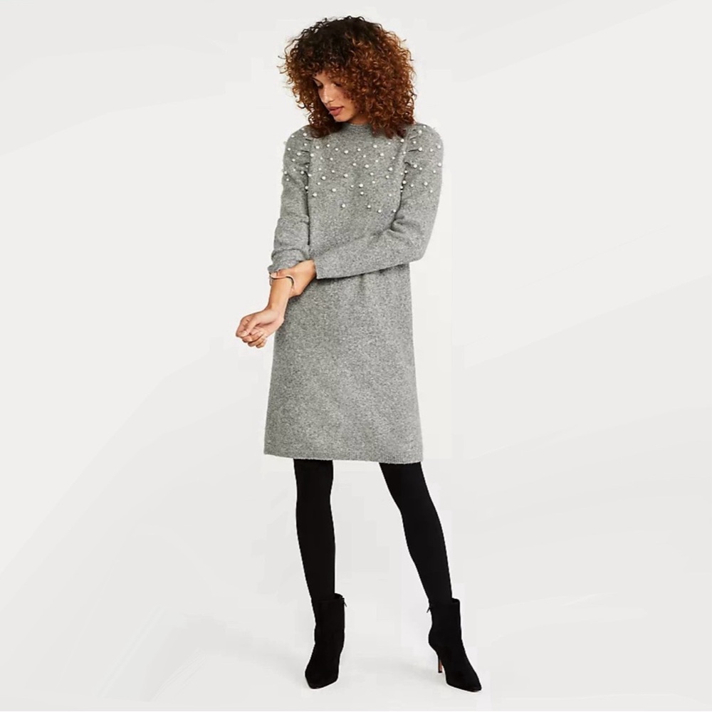 NWOT Ann Taylor Pearlized Mockneck Sweater Dress | Petite Pebble Grey Wool Knit
